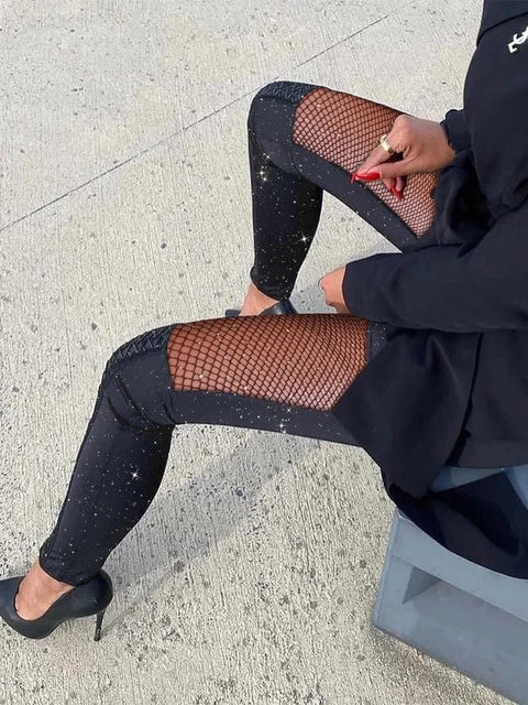 Laura™ l Rhinestone Fishnet Patch Glitter Pants